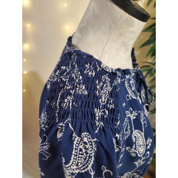Talbots Smocked Paisley Keyhole Tie Neck Blouse Top Womens Size L Blue Boho - Picture 6 of 10